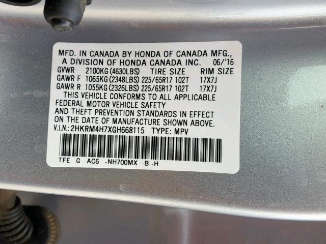 2HKRM4H7XGH668115 - 2016 HONDA CR-V EXL SILVER photo 10