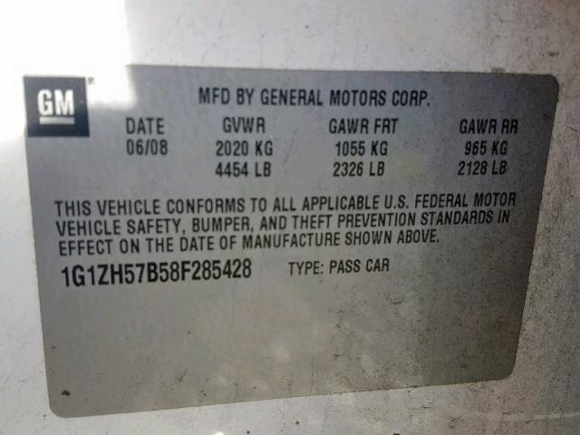 1G1ZH57B58F285428 - 2008 CHEVROLET MALIBU 1LT WHITE photo 10