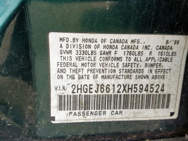 2HGEJ6612XH594524 - 1999 HONDA CIVIC BASE GREEN photo 10