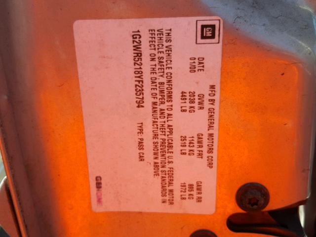 1G2WR5218YF235794 - 2000 PONTIAC GRAND PRIX SILVER photo 10