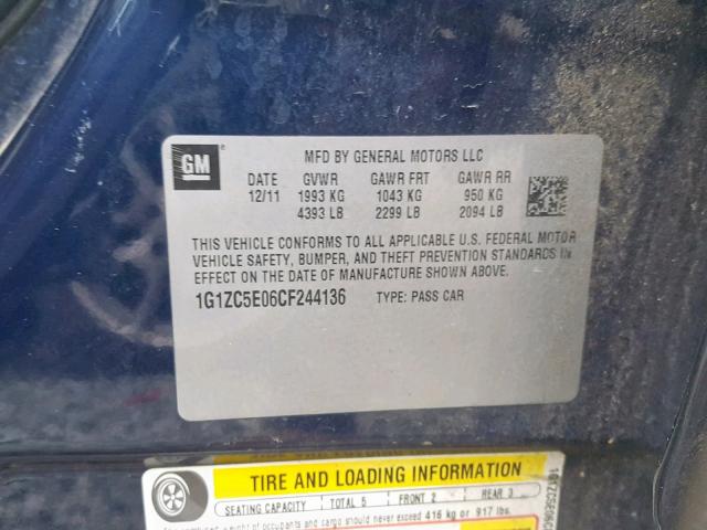 1G1ZC5E06CF244136 - 2012 CHEVROLET MALIBU 1LT 蓝色 照片 10