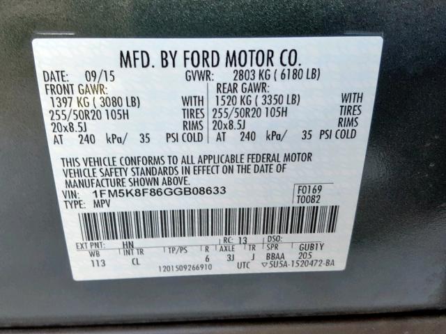 1FM5K8F86GGB08633 - 2016 FORD EXPLORER L GRAY photo 10