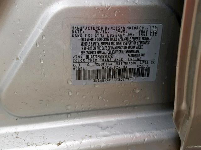 3N1AB7AP5GY302793 - 2016 NISSAN SENTRA S GRAY photo 10