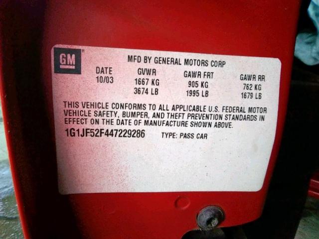 1G1JF52F447229286 - 2004 CHEVROLET CAVALIER L RED photo 10