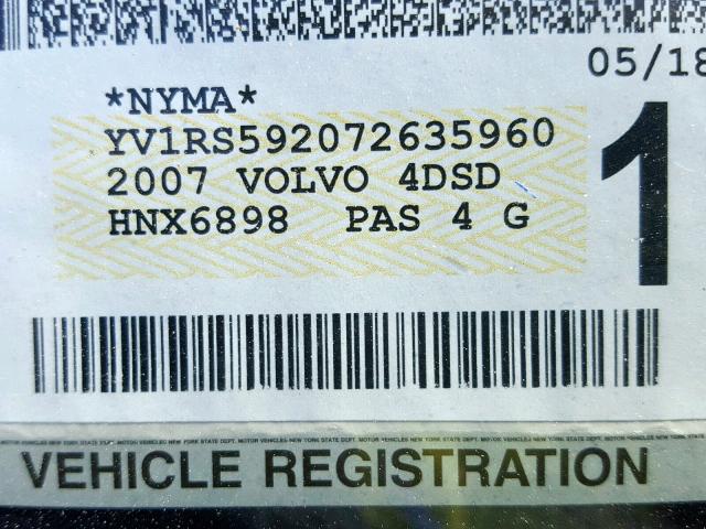 YV1RS592072635960 - 2007 VOLVO S60 2.5T SILVER photo 10