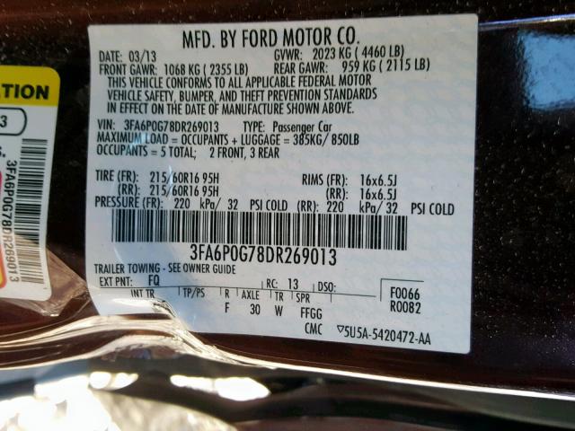 3FA6P0G78DR269013 - 2013 FORD FUSION S MAROON photo 10