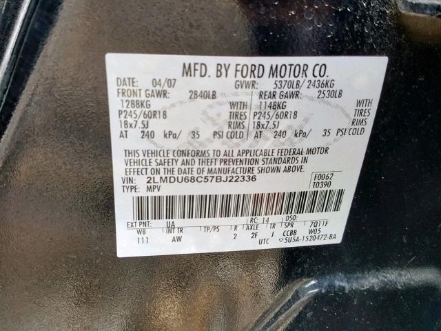 2LMDU68C57BJ22336 - 2007 LINCOLN MKX BLACK photo 10