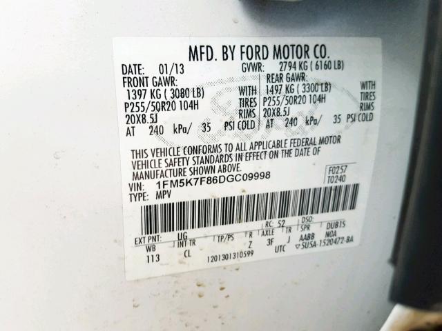 1FM5K7F86DGC09998 - 2013 FORD EXPLORER L Ақ фото 10