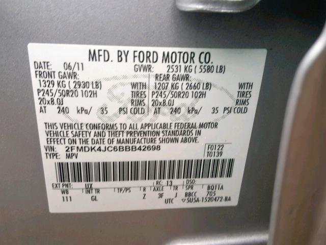 2FMDK4JC6BBB42698 - 2011 FORD EDGE SEL SILVER photo 10