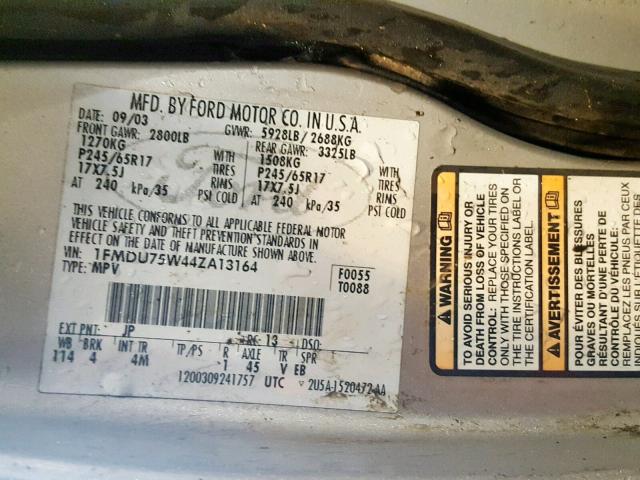 1FMDU75W44ZA13164 - 2004 FORD EXPLORER L SILVER photo 10