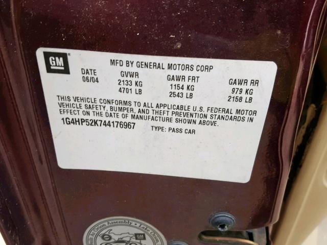 1G4HP52K744176967 - 2004 BUICK LESABRE CU BURGUNDY photo 10