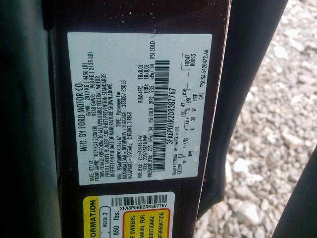 3FA6P0HR2DR387767 - 2013 FORD FUSION SE PURPLE photo 10