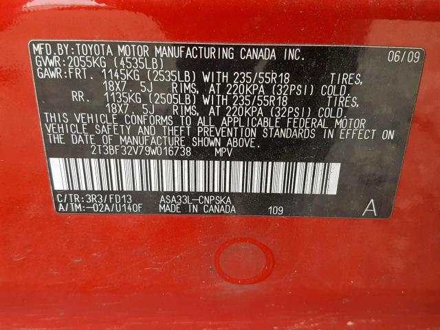 2T3BF32V79W016738 - 2009 TOYOTA RAV4 SPORT RED photo 10