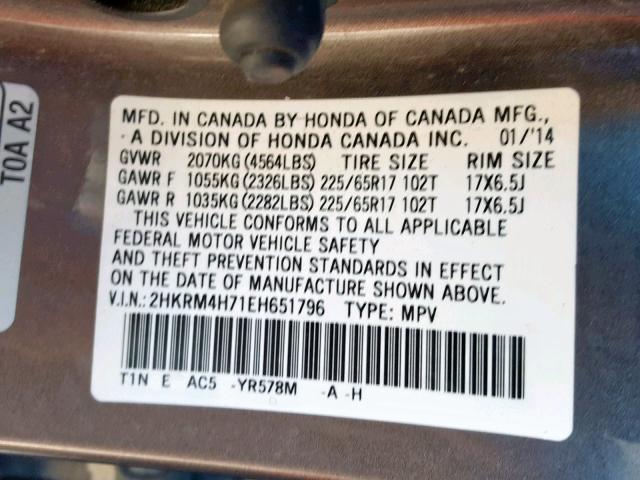 2HKRM4H71EH651796 - 2014 HONDA CR-V EXL BROWN photo 10