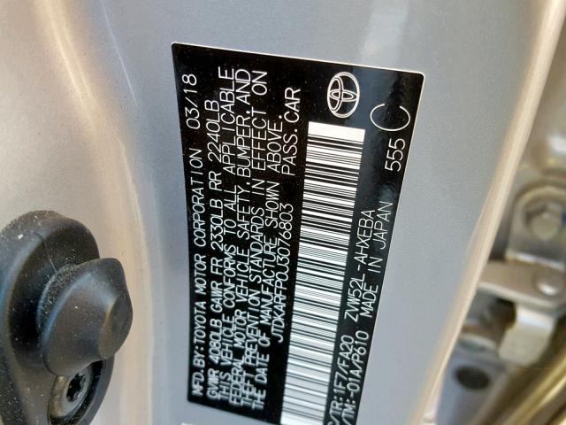 JTDKARFP0J3076803 - 2018 TOYOTA PRIUS PRIM 银色 照片 10