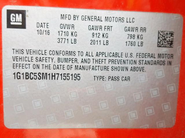 1G1BC5SM1H7155195 - 2017 CHEVROLET CRUZE LS RED photo 10