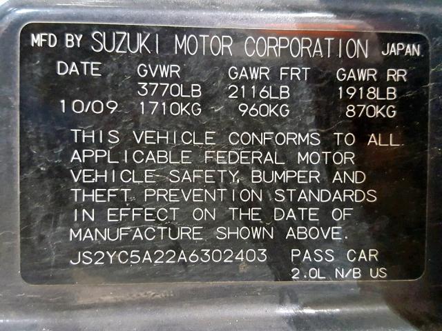 JS2YC5A22A6302403 - 2010 SUZUKI SX4 LE GRAY photo 10