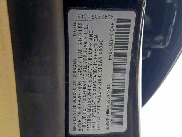 WVWRU63B65E081804 - 2005 VOLKSWAGEN PASSAT GLX 黑色 照片 10