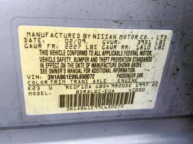 3N1AB61E99L650072 - 2009 NISSAN SENTRA 2.0 SILVER photo 10