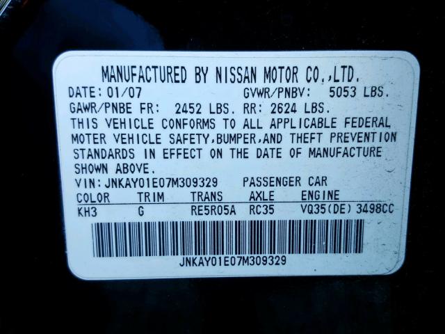 JNKAY01E07M309329 - 2007 INFINITI M35 BASE BLACK photo 10