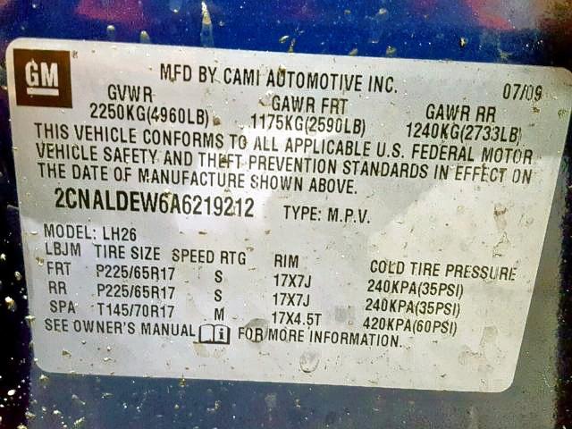 2CNALDEW6A6219212 - 2010 CHEVROLET EQUINOX LT BLUE photo 10