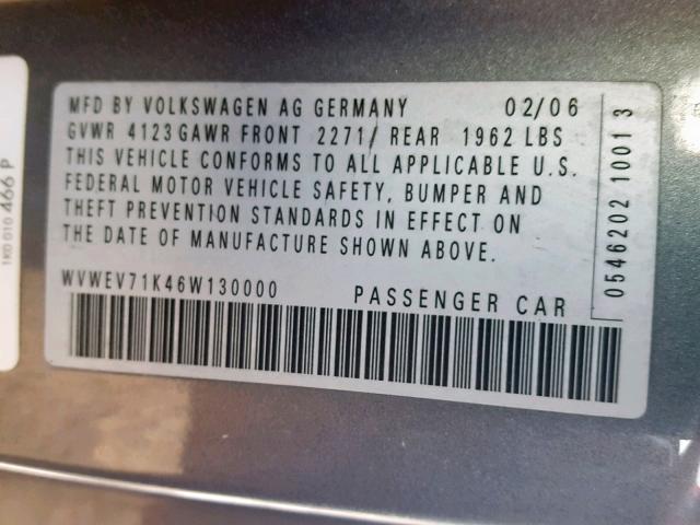 WVWEV71K46W130000 - 2006 VOLKSWAGEN NEW GTI GRAY photo 10