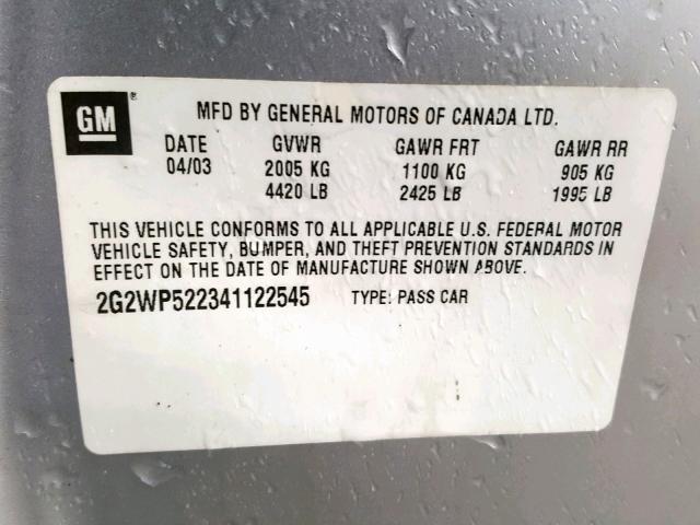 2G2WP522341122545 - 2004 PONTIAC GRAND PRIX SILVER photo 10