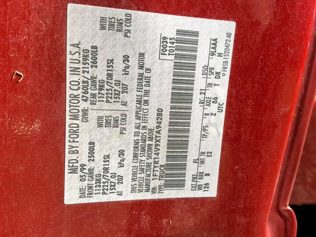 1FTYR14V9XTA94280 - 1999 FORD RANGER SUP წითელი ფოტო 10