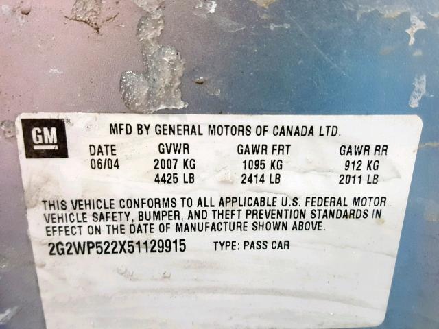 2G2WP522X51129915 - 2005 PONTIAC GRAND PRIX SILVER photo 10