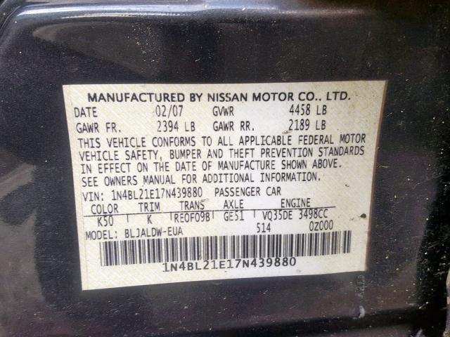 1N4BL21E17N439880 - 2007 NISSAN ALTIMA 3.5 BLACK photo 10