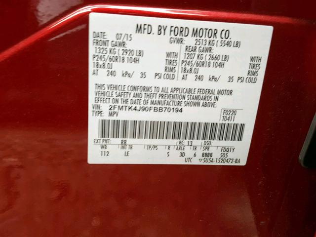 2FMTK4J90FBB70194 - 2015 FORD EDGE SEL MAROON photo 10