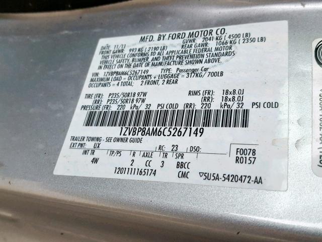 1ZVBP8AM6C5267149 - 2012 FORD MUSTANG 银色 照片 10