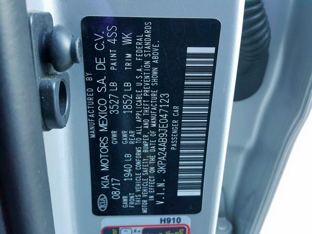 3KPA24AB9JE047123 - 2018 KIA RIO LX SILVER photo 10