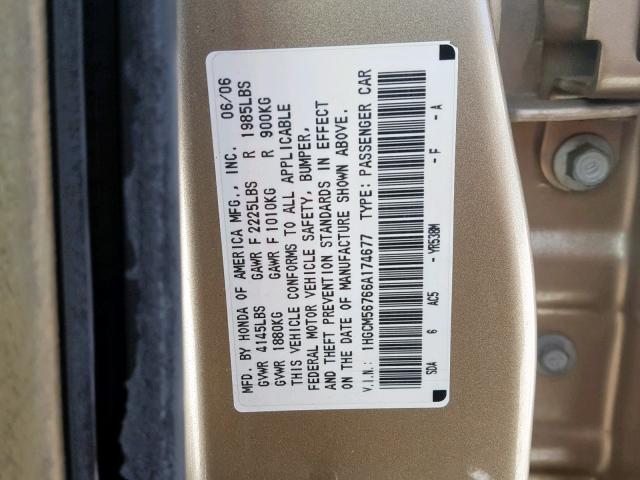 1HGCM56766A174677 - 2006 HONDA ACCORD EX GOLD photo 10