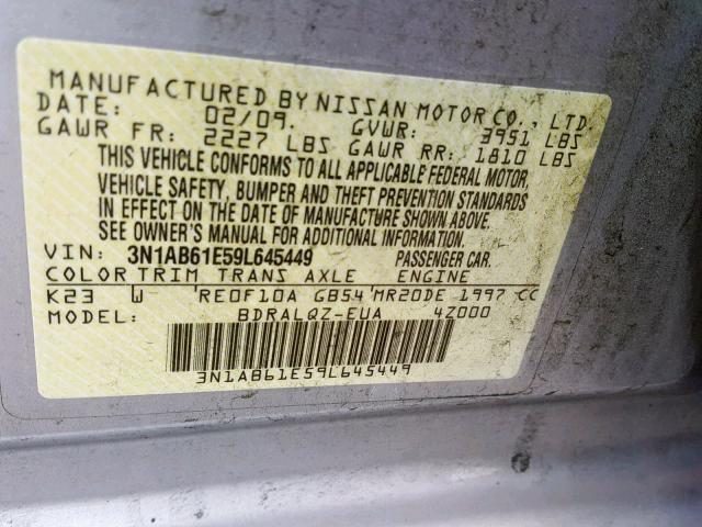 3N1AB61E59L645449 - 2009 NISSAN SENTRA 2.0 SILVER photo 10