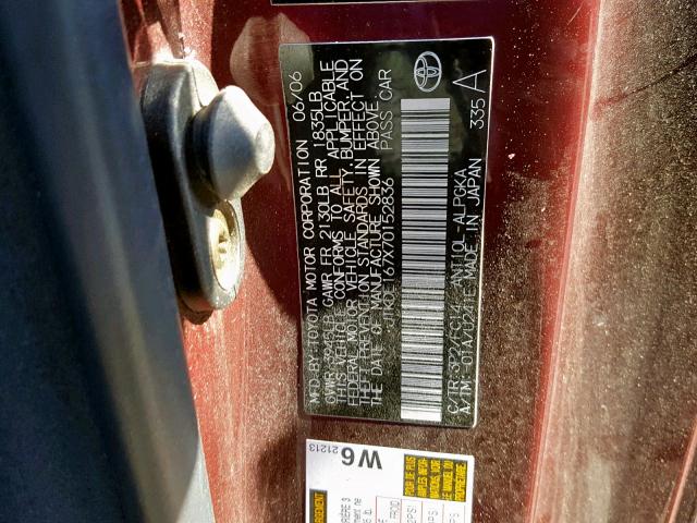 JTKDE167X70152836 - 2007 TOYOTA SCION TC Bordo foto 10