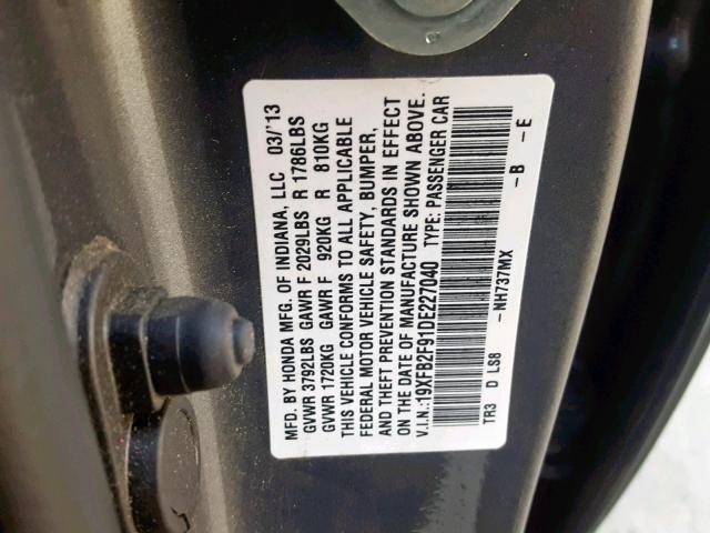 19XFB2F91DE227040 - 2013 HONDA CIVIC EXL GRAY photo 10