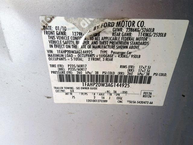 1FAHP2DW3AG144925 - 2010 FORD TAURUS SE SILVER photo 10