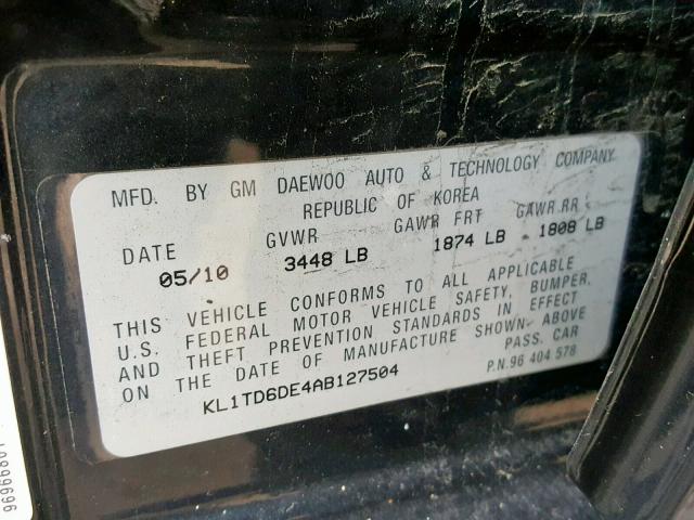 KL1TD6DE4AB127504 - 2010 CHEVROLET AVEO LS BLACK photo 10