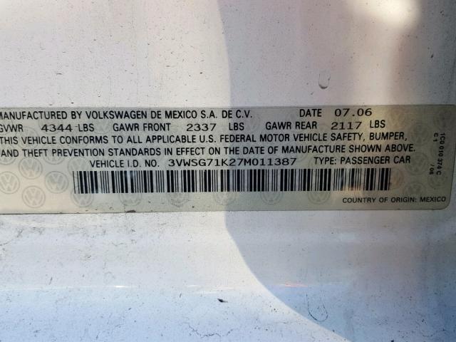 3VWSG71K27M011387 - 2007 VOLKSWAGEN JETTA 2.5 WHITE photo 10