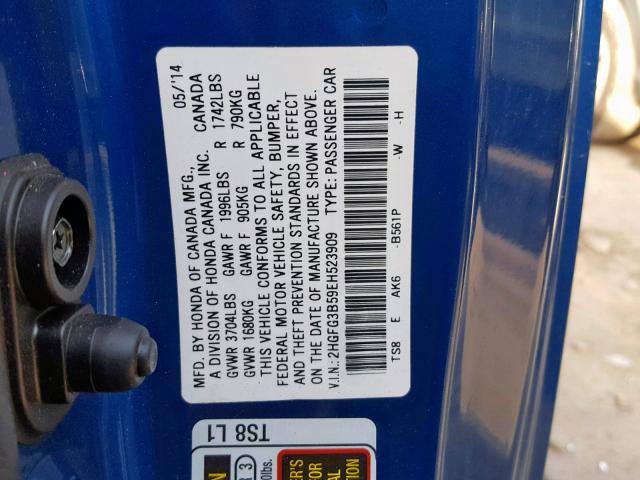 2HGFG3B59EH523909 - 2014 HONDA CIVIC LX BLUE photo 10