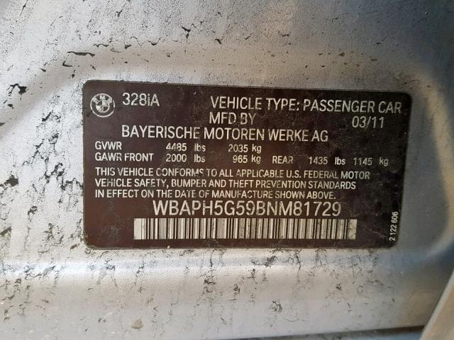 WBAPH5G59BNM81729 - 2011 BMW 328 I SULE SILVER photo 10