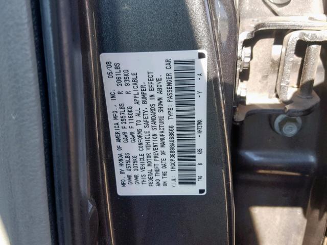 1HGCP36898A068666 - 2008 HONDA ACCORD EXL GRAY photo 10