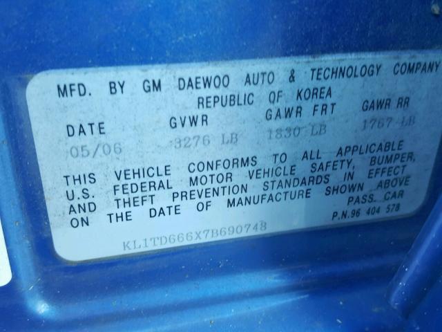 KL1TD666X7B690748 - 2007 CHEVROLET AVEO BASE ლურჯი ფოტო 10