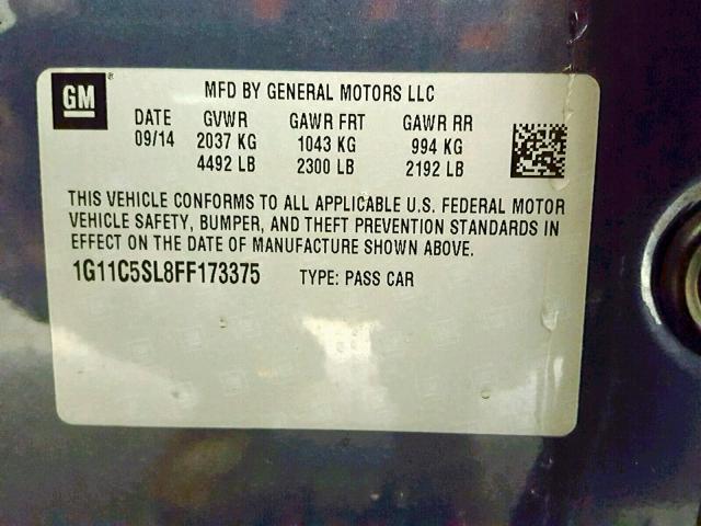 1G11C5SL8FF173375 - 2015 CHEVROLET MALIBU 1LT 蓝色 照片 10