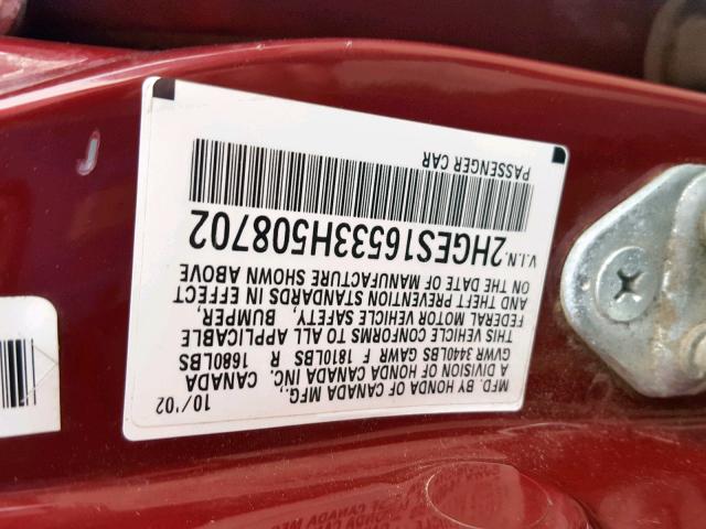 2HGES16533H508702 - 2003 HONDA CIVIC LX MAROON photo 10