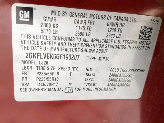 2GKFLVEK6G6190207 - 2016 GMC TERRAIN DE BURGUNDY photo 10