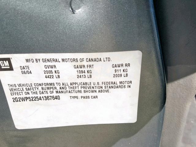 2G2WP522541367640 - 2004 PONTIAC GRAND PRIX GRAY photo 10