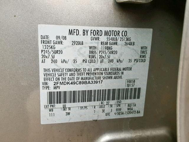 2FMDK49C89BA33917 - 2009 FORD EDGE LIMIT SILVER photo 10