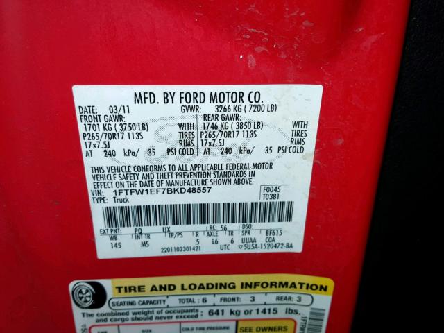 1FTFW1EF7BKD48557 - 2011 FORD F150 SUPER RED photo 10